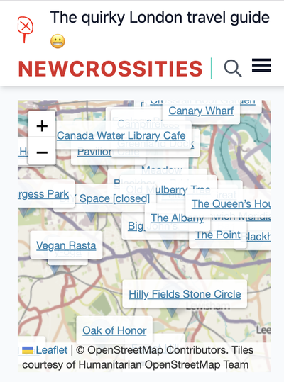 A map of central London with labels on it, it's a screenshot of the website Newcrossities.