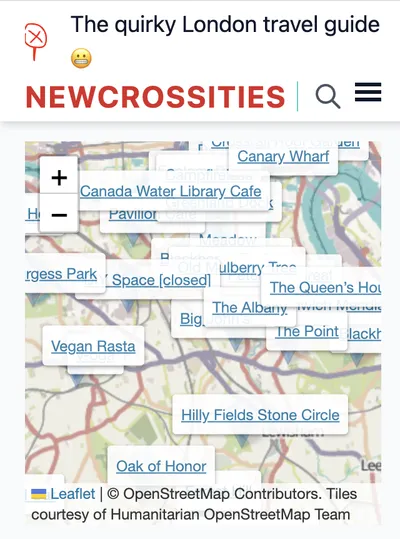 A map of central London with labels on it, it's a screenshot of the website Newcrossities.